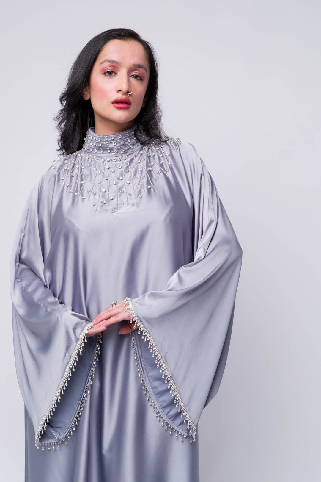 Grey pearl abaya dress – satin modest wear for weddings, Eid, and special events 