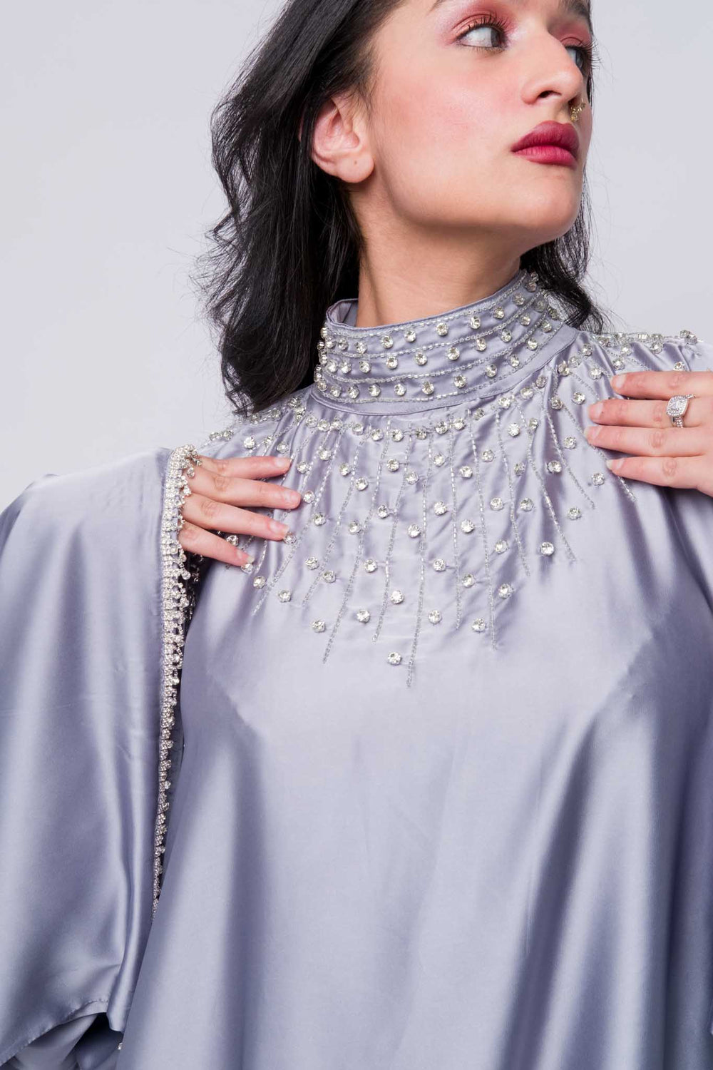 Satin grey abaya with high neck pearl design – luxury modest dress for women sleeves.
