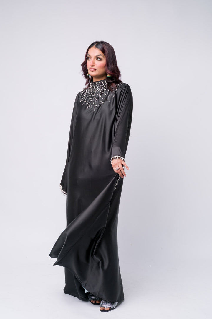 Modest black embellished abaya for women – satin dress for parties and Islamic events