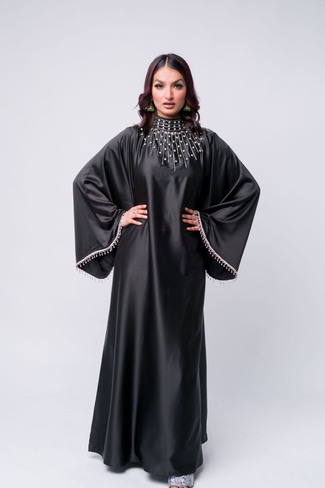 Modest luxury abaya in black with pearl accents – formal Islamic wear for women