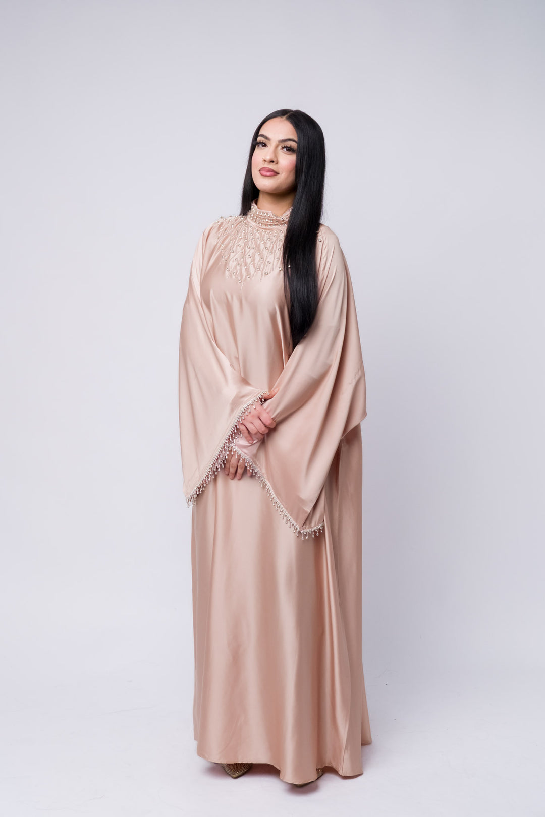 Luxury satin abaya with pearl detailing – modest evening wear for women