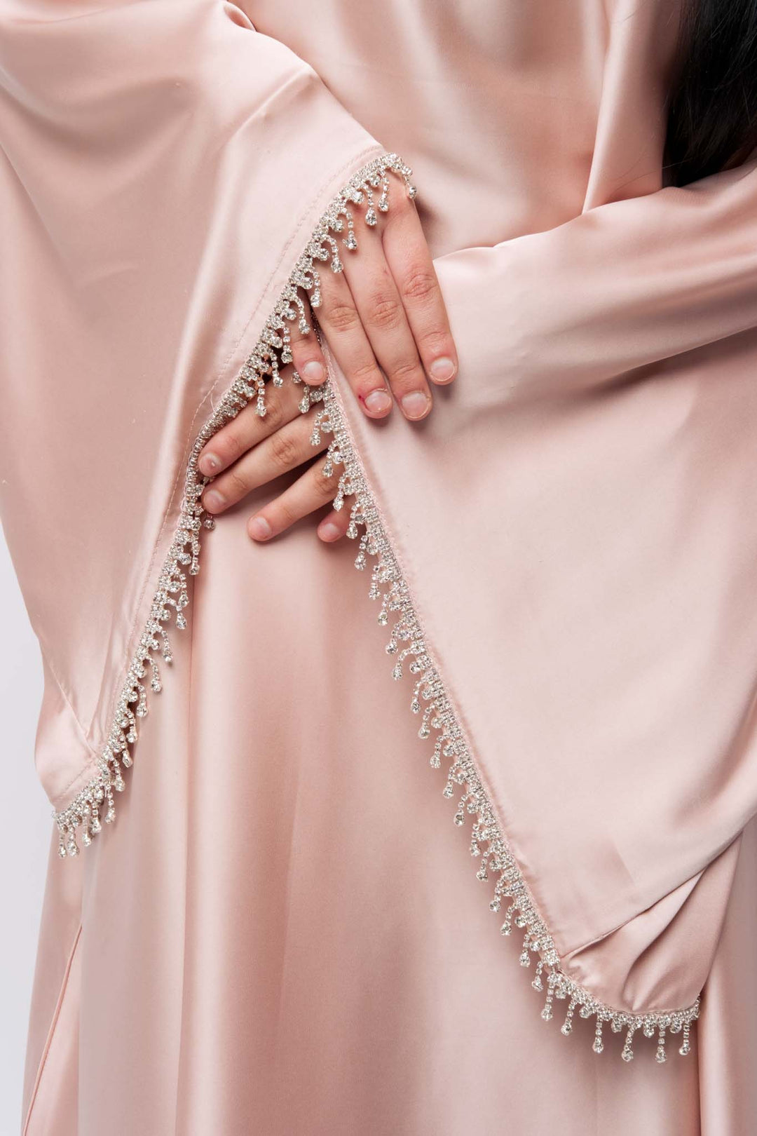 Embellished satin abaya dress in beige – modest wear for parties and formal events 