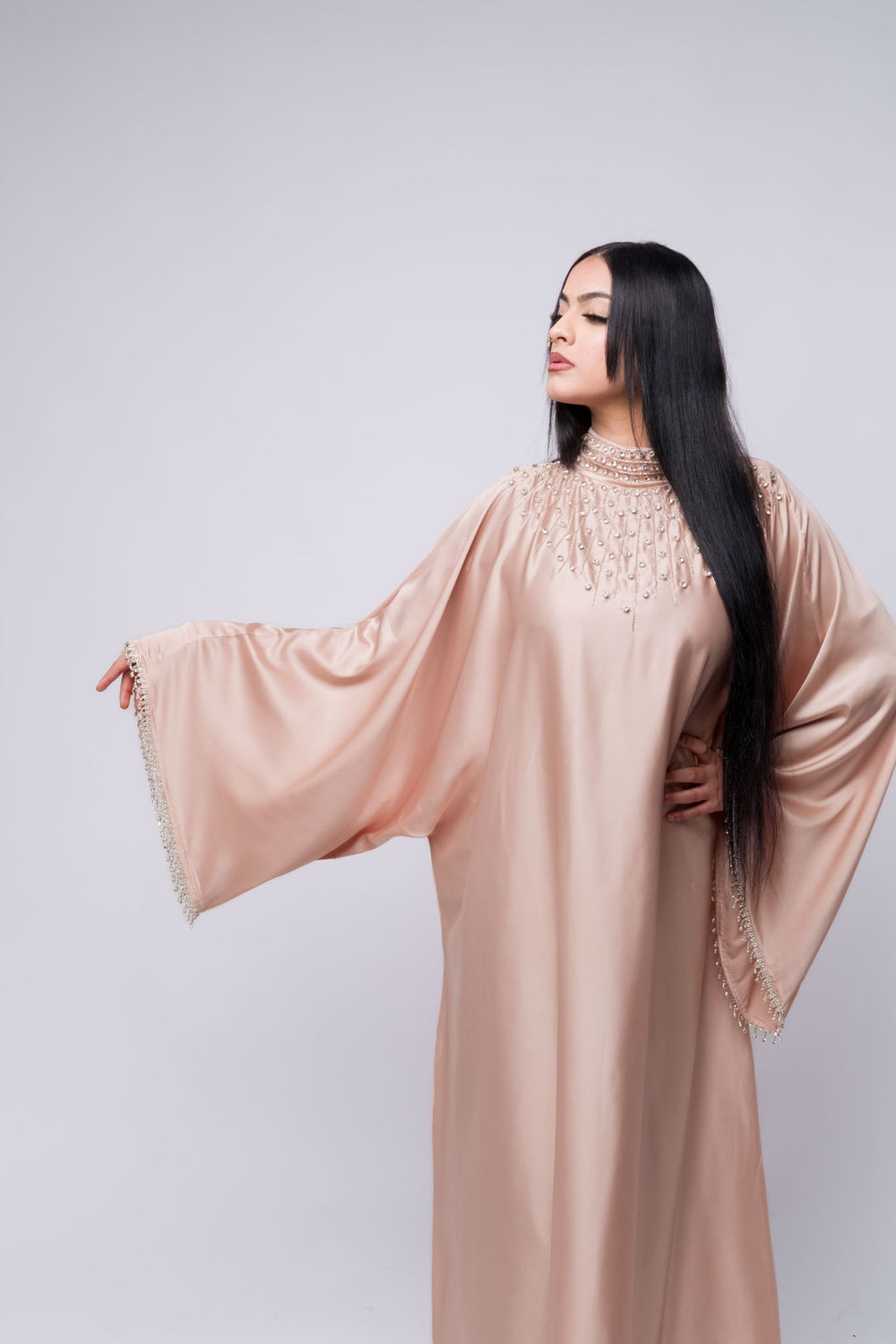 Modest pearl embellished satin abaya – formal Islamic wear for women 