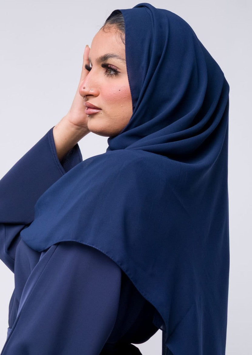 Premium Blue chiffon hijab draped on mannequin – lightweight, elegant headscarf for Muslim women