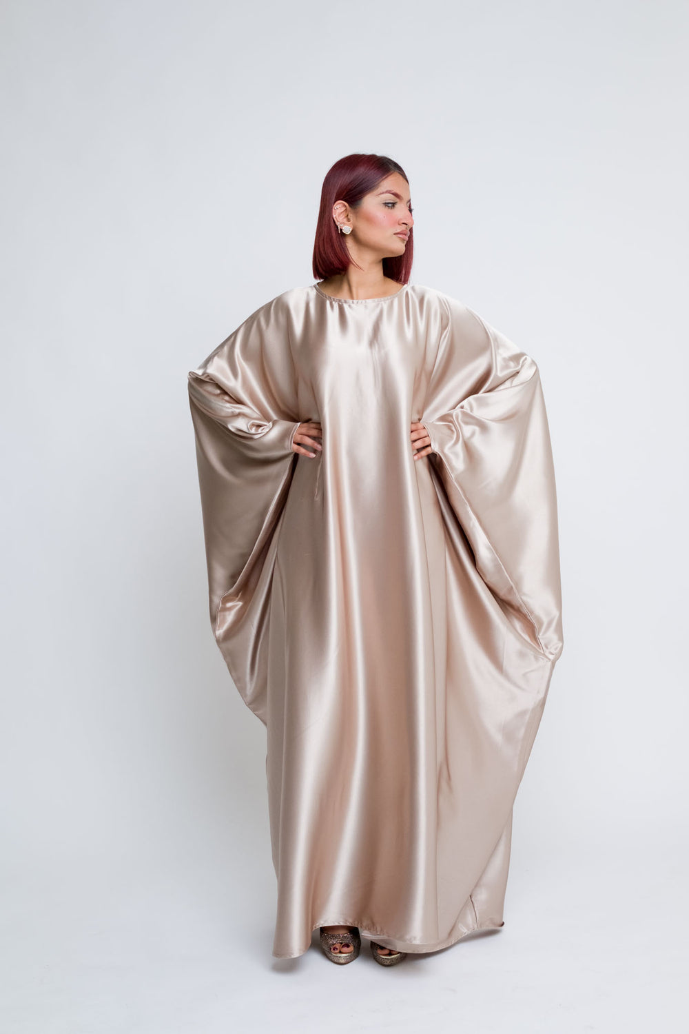 Champagne blush satin abaya with draped sleeves