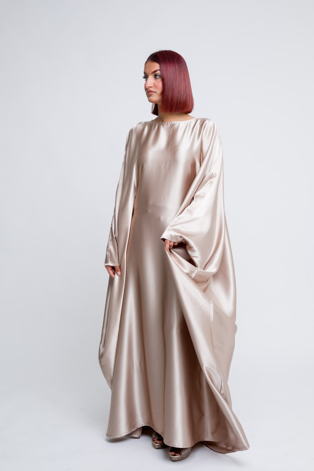 Elegant satin abaya with wide batwing sleeves