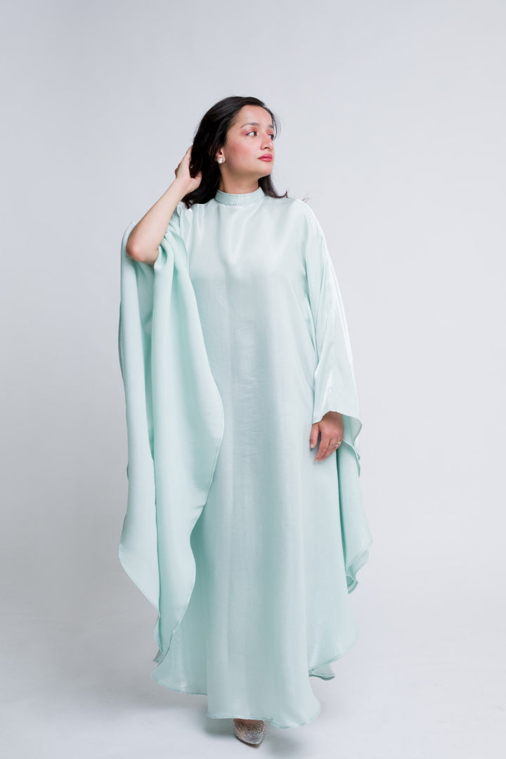 Soft butterfly style kaftan in icy pistachio for formal wear