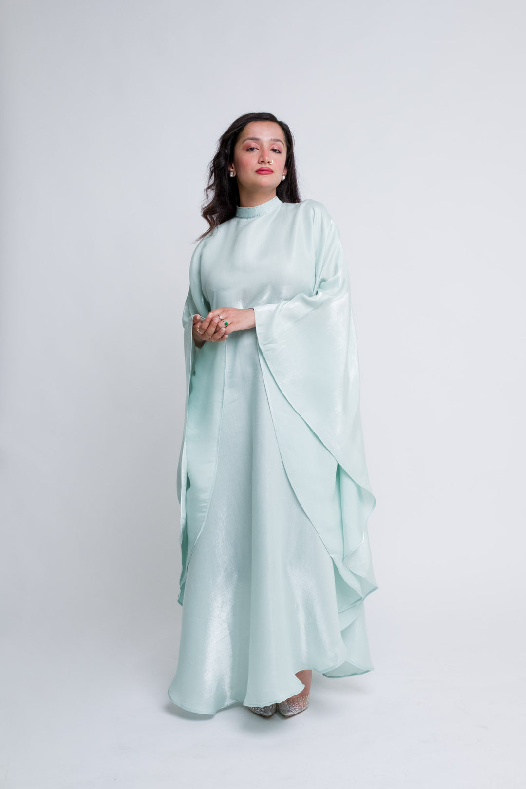 Modest icy pistachio kaftan with high neck and back zip