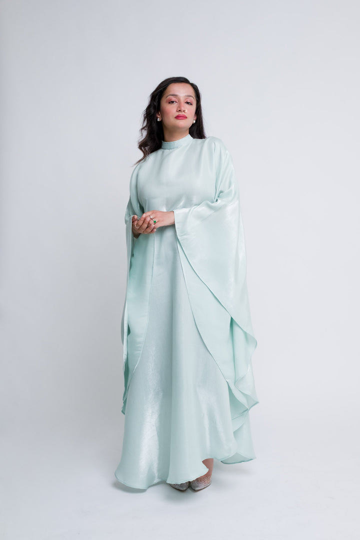 Modest icy pistachio kaftan with high neck and back zip