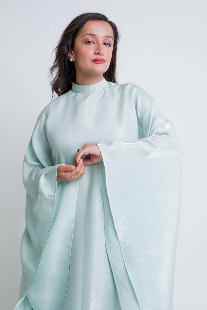 Shimmery green pastel kaftan with rhinestone detailing
