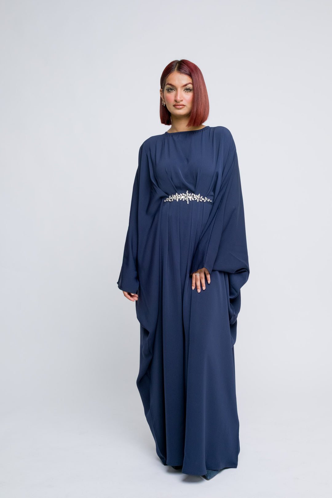 Full length navy blue abaya with modest drape