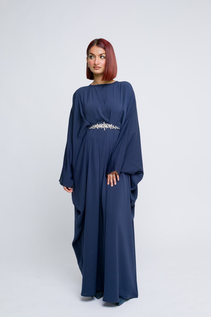 Embellished navy blue abaya in silky nidha fabric
