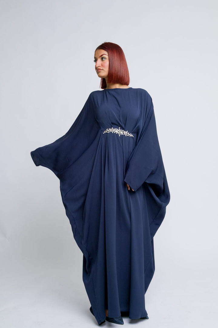 Elegant navy abaya with crystal waistline for formal wear