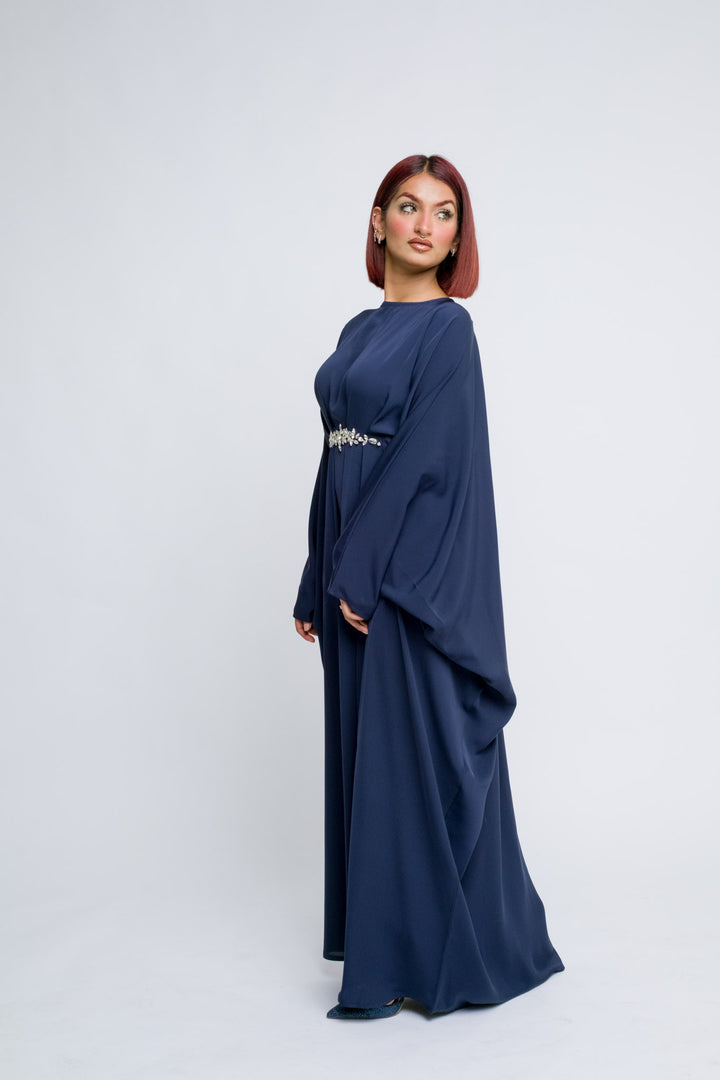Navy blue nidha abaya with embellished waist detail