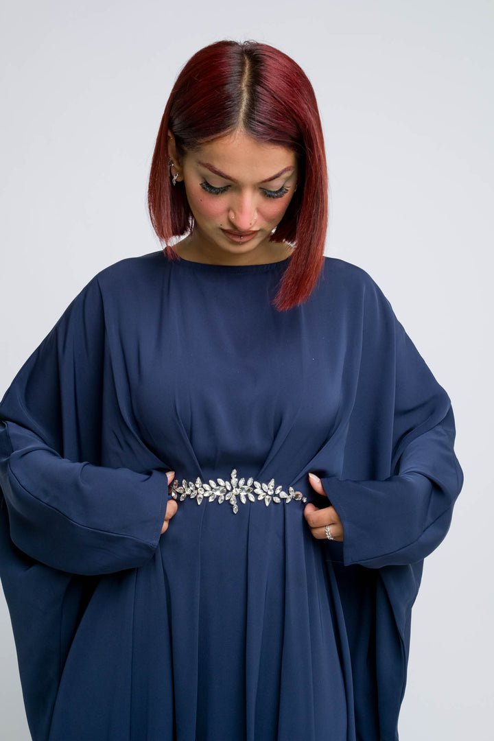 Soft nidha abaya with structured crystal waist design
