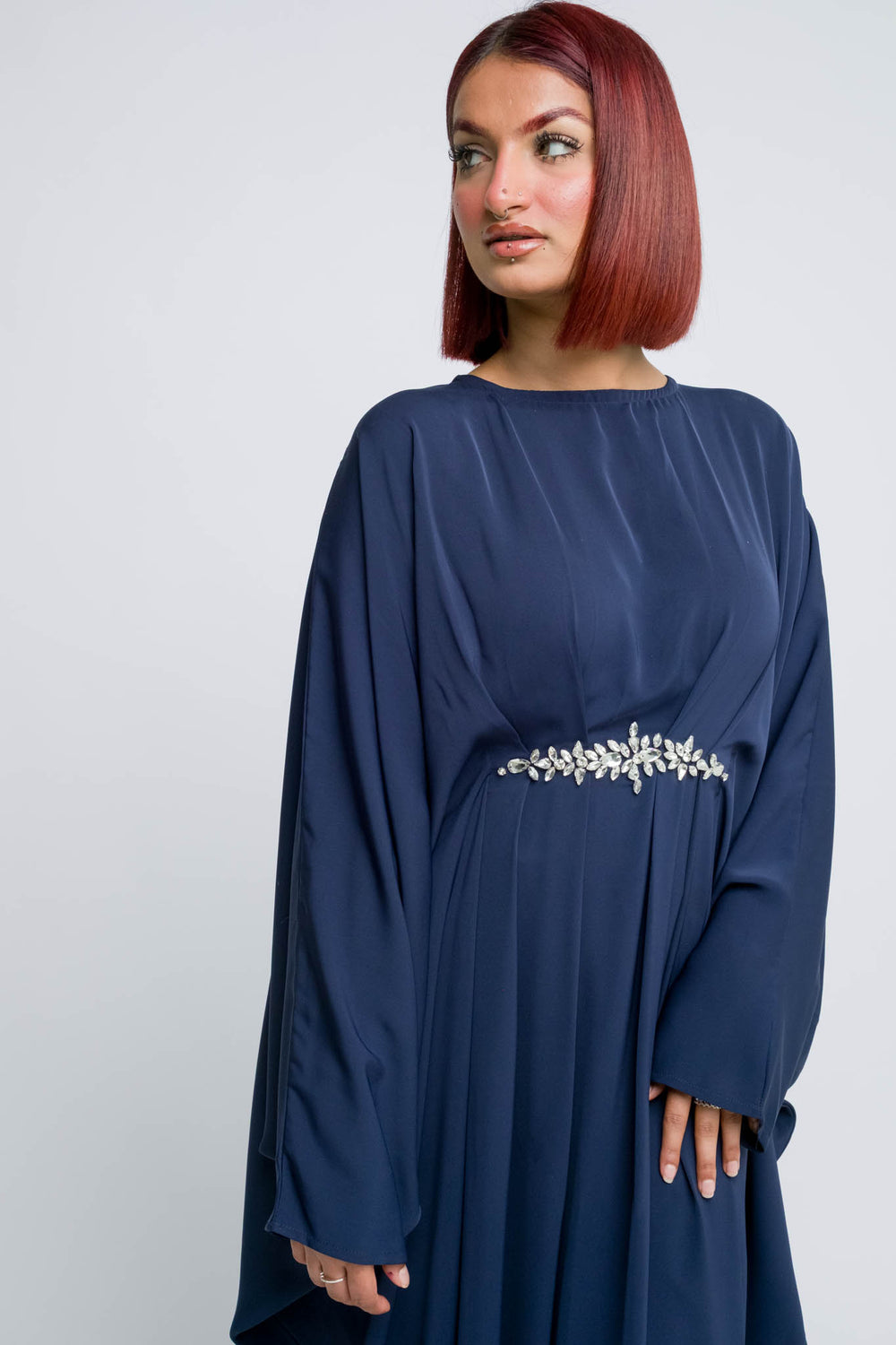 Luxury closed abaya in deep navy blue for modest fashion
