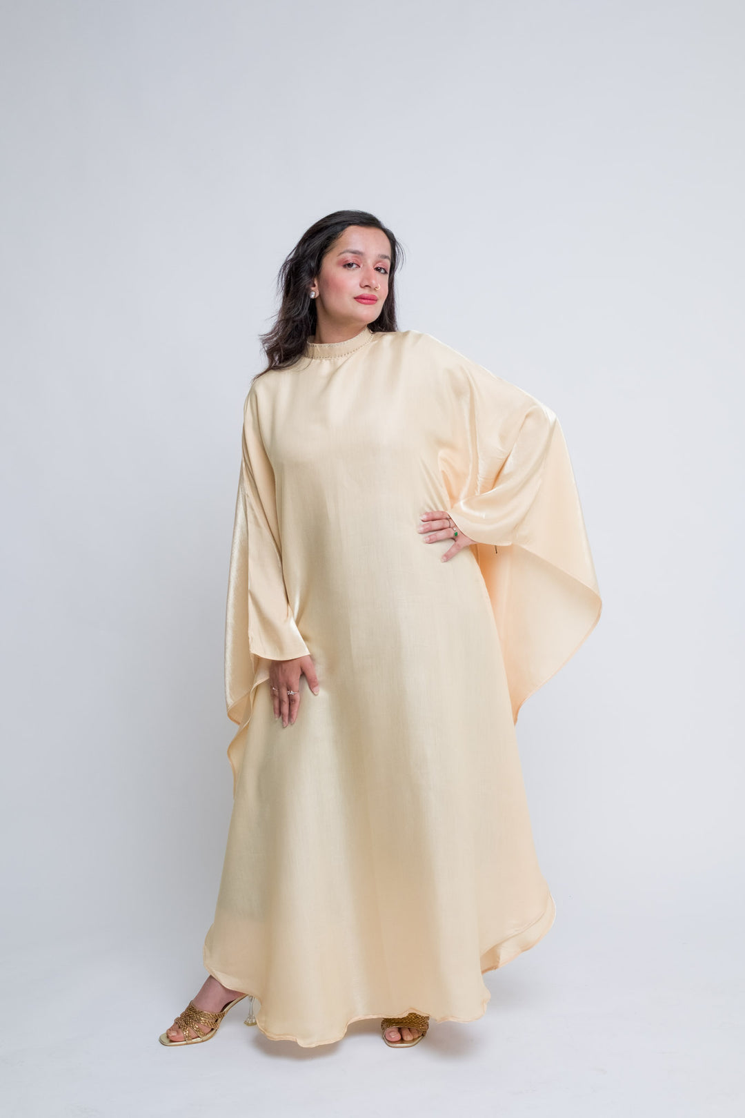 Modest kaftan dress in soft champagne hue