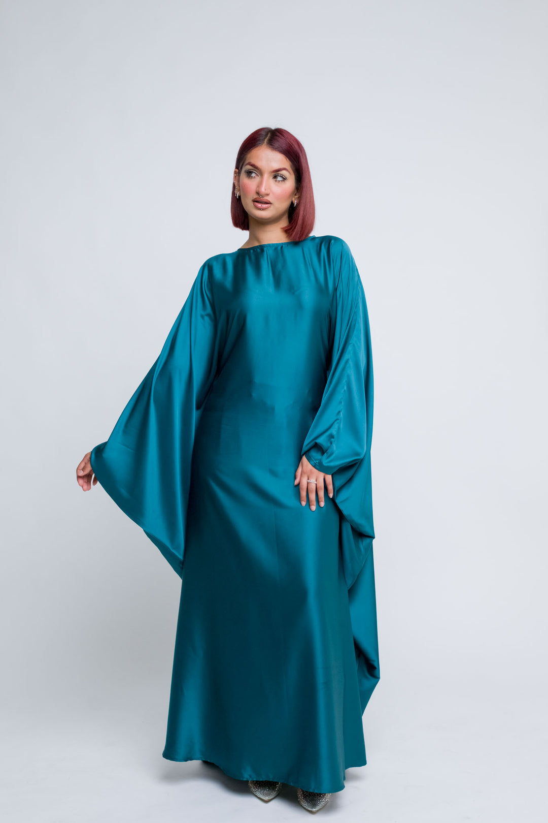 Modest emerald teal butterfly abaya with flowy sleeves