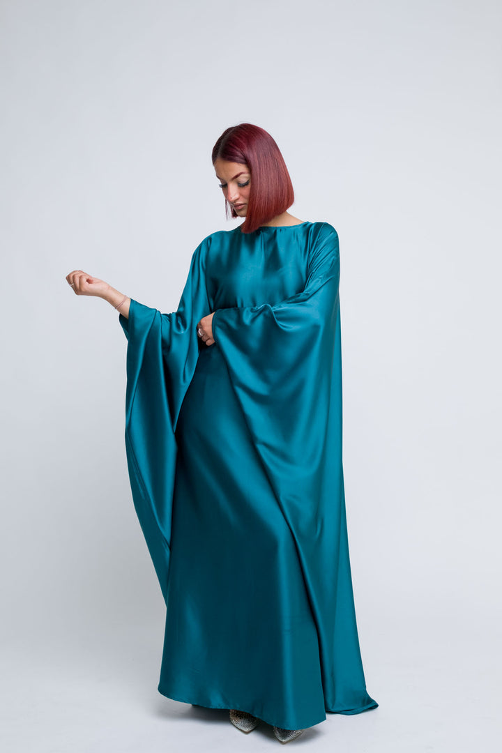 Emerald satin butterfly abaya with glossy finish