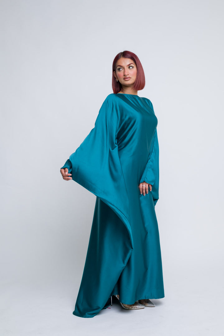 Modest wear satin butterfly abaya with flattering waist belt