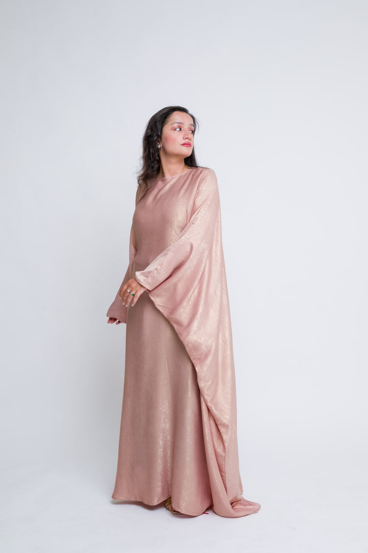 Elegant blush satin abaya with butterfly sleeves