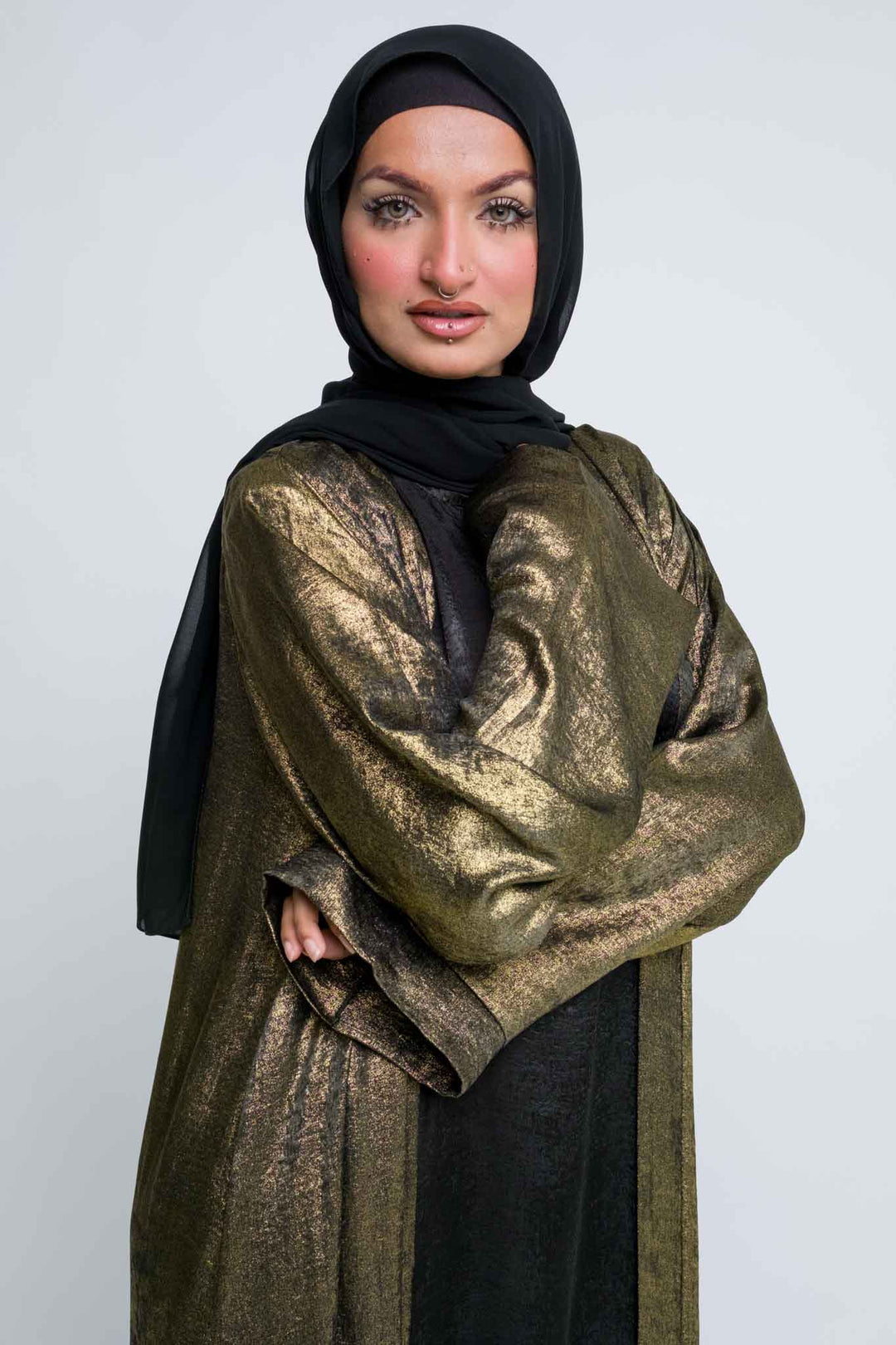 Metallic gold open abaya set with matching belt and hijab