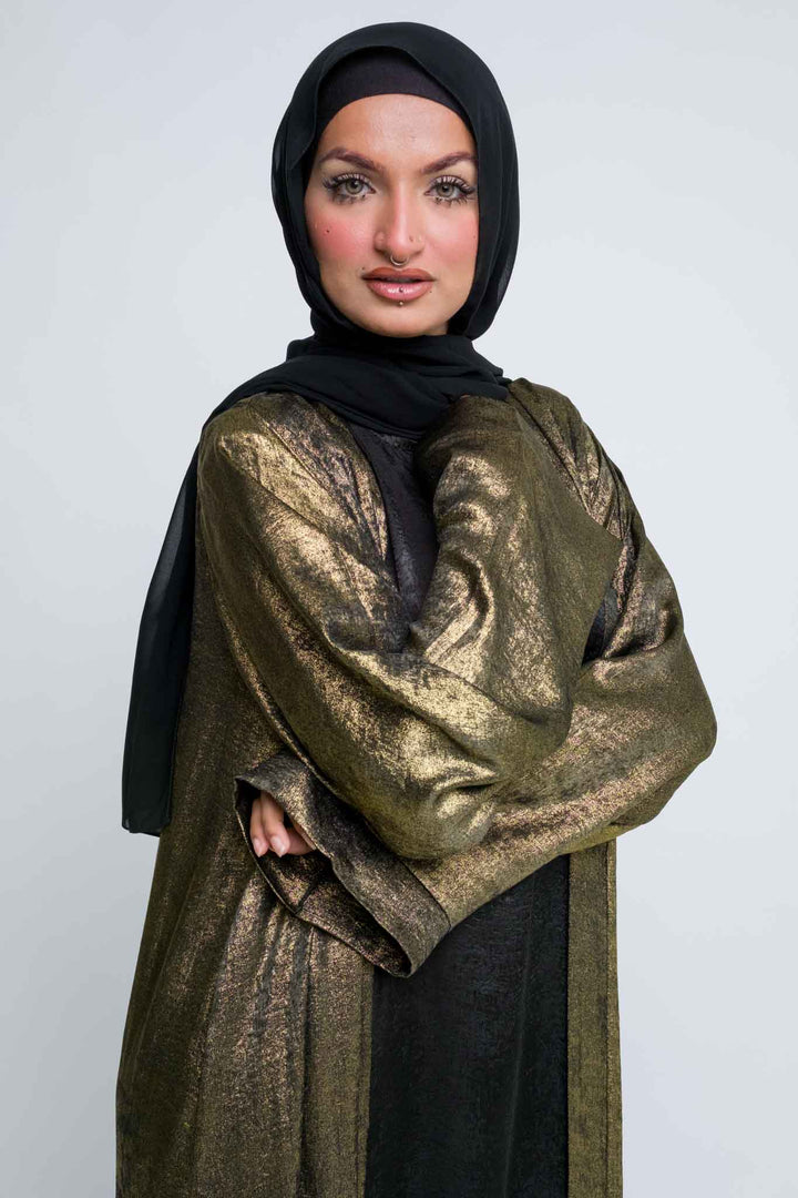 Metallic gold open abaya set with matching belt and hijab
