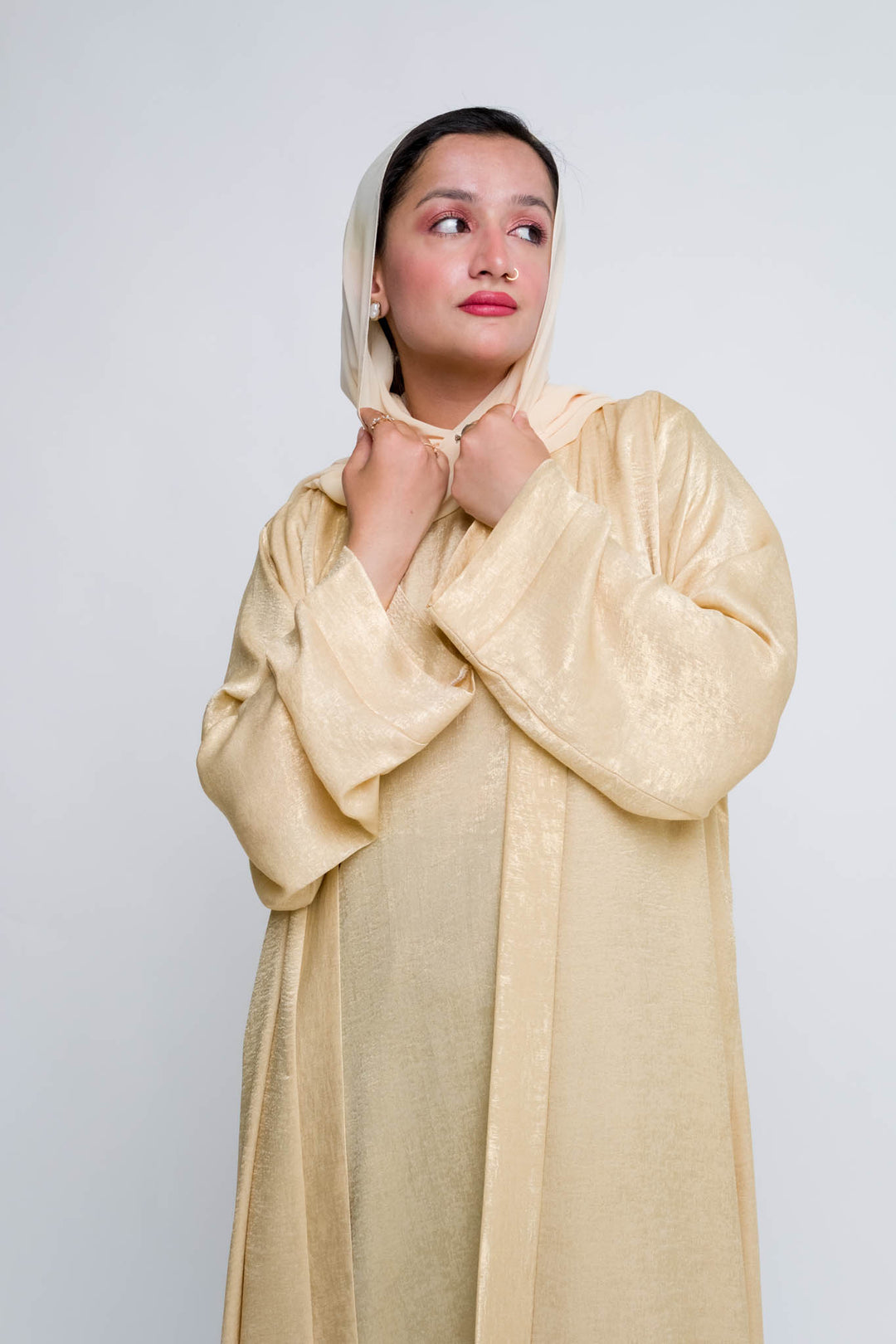 Elegant Soft gold Abaya with matching hijab and belt