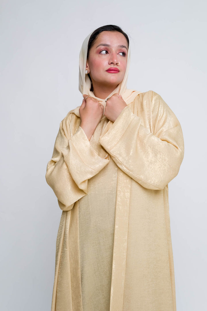 Elegant Soft gold Abaya with matching hijab and belt