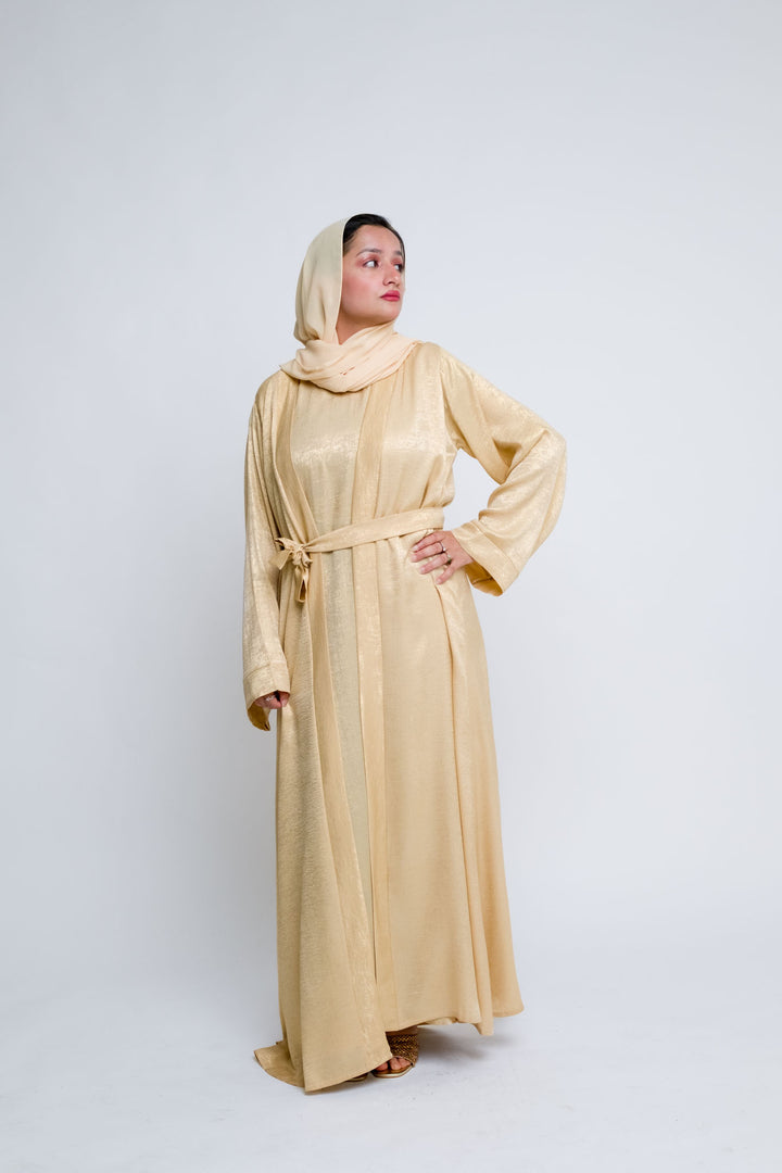 Open abaya in champagne gold with included slip dress