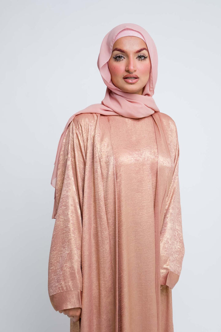 Metallic shimmer rose gold open abaya set