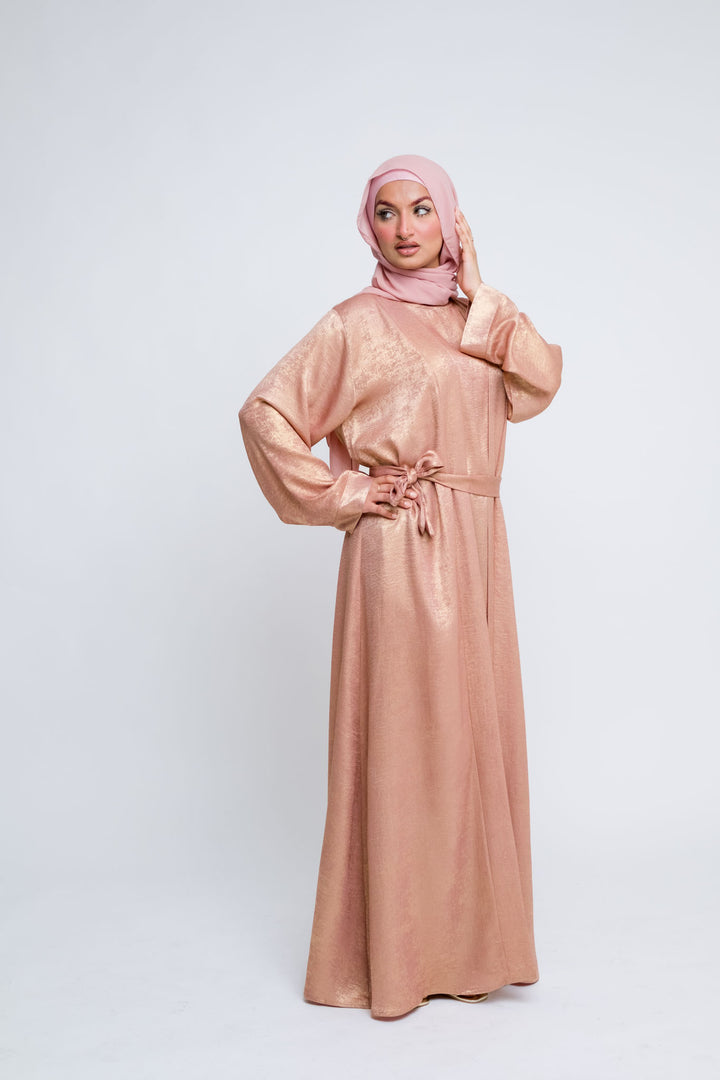 Elegant rose gold abaya with soft inner slip