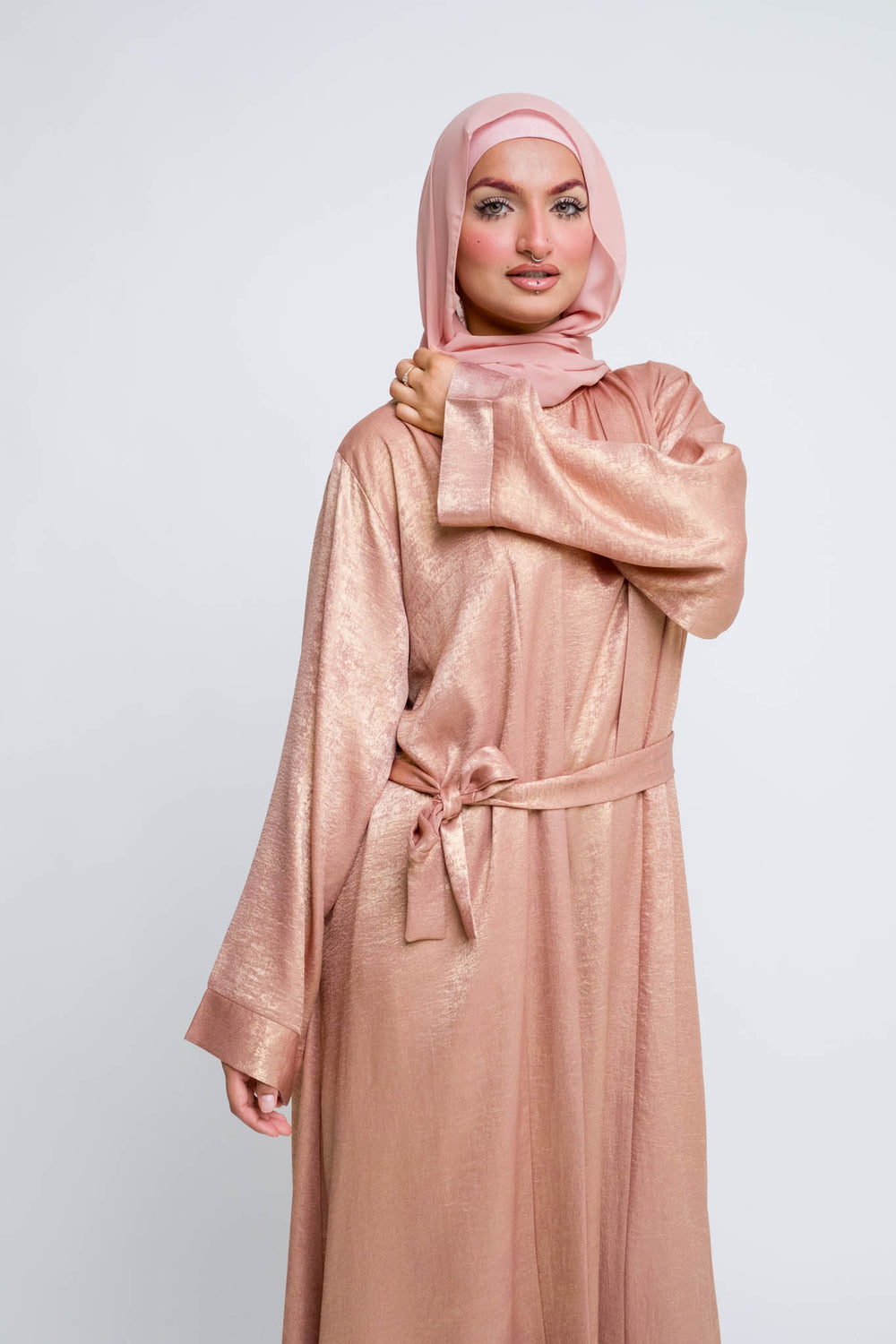 Contemporary rose gold abaya set with tie belt