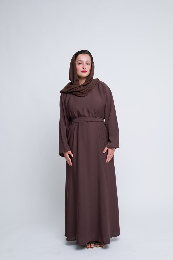 Premium modest abaya in brown with hijab, elegant and comfortable for all-day wear. 