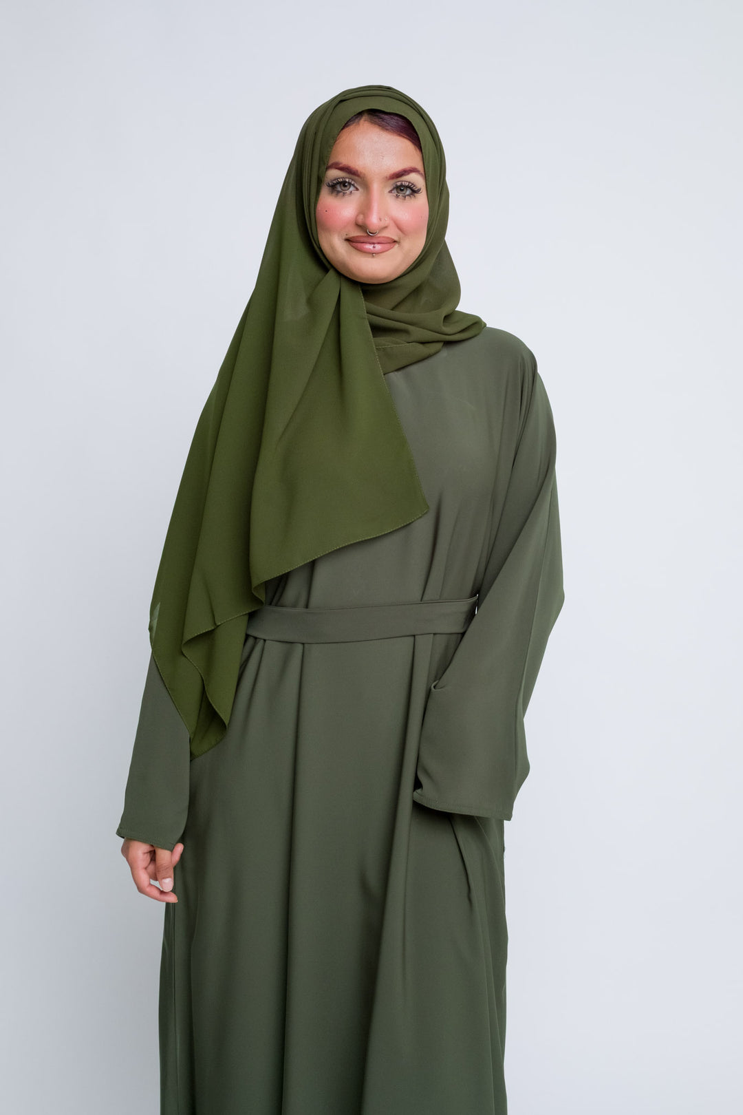 Elegant khaki green abaya with matching hijab, ideal for modest fashion and everyday wear.