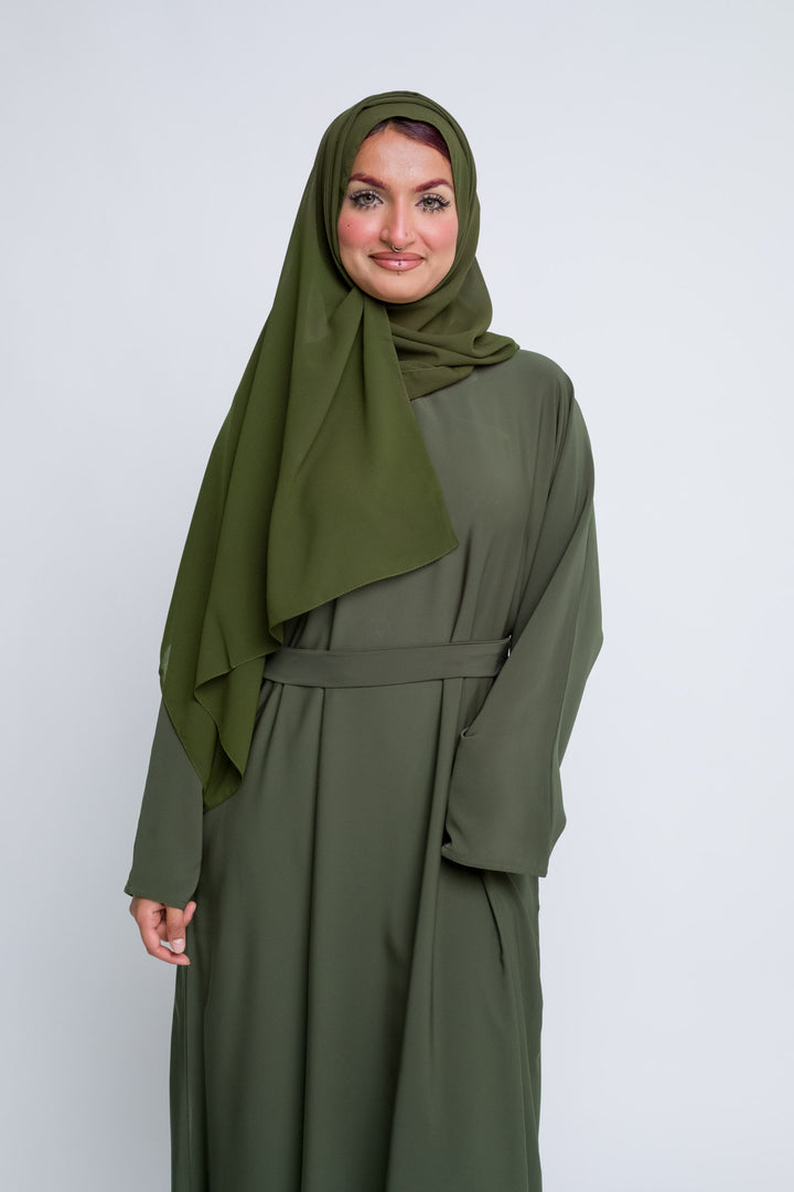 Elegant khaki green abaya with matching hijab, ideal for modest fashion and everyday wear.