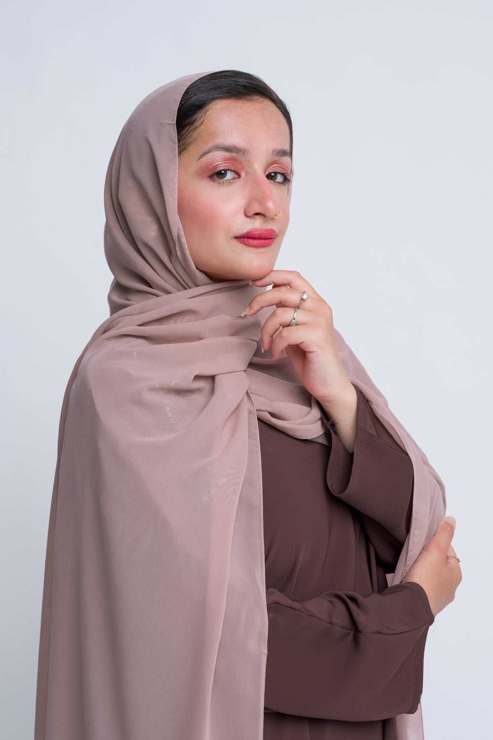 Romantic dusty rose hijab made from flowy chiffon fabric