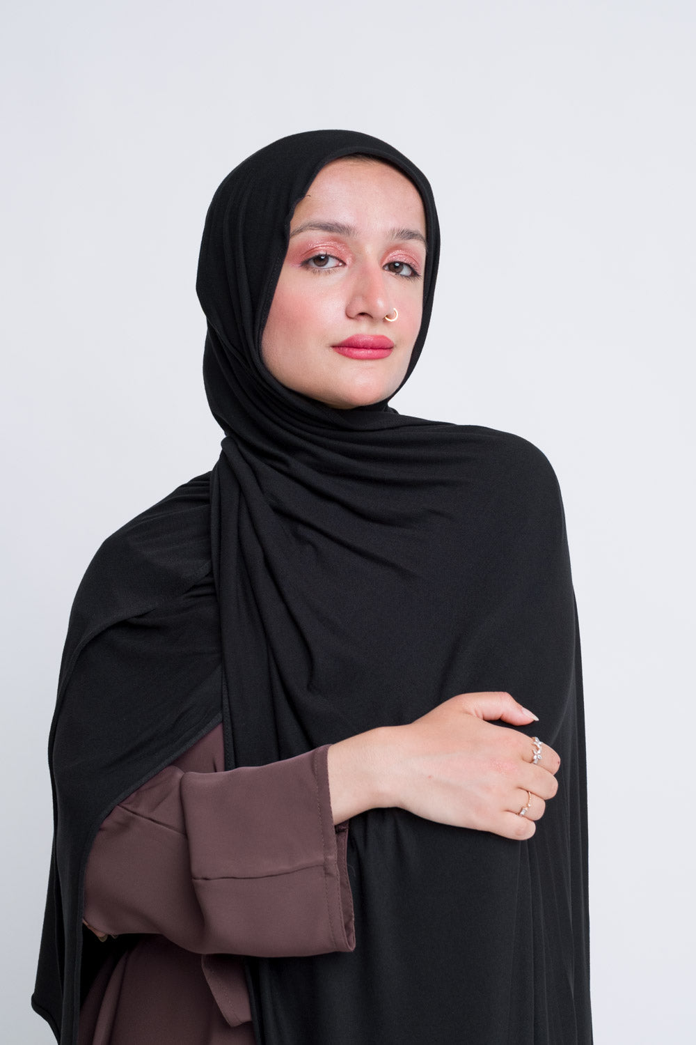 Black hijab with full coverage, breathable and stretch friendly.