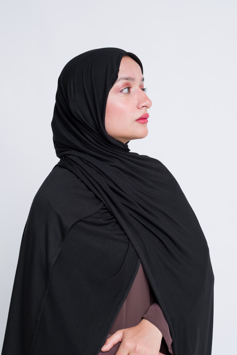 Classic black jersey hijab for everyday wear, no pins needed.