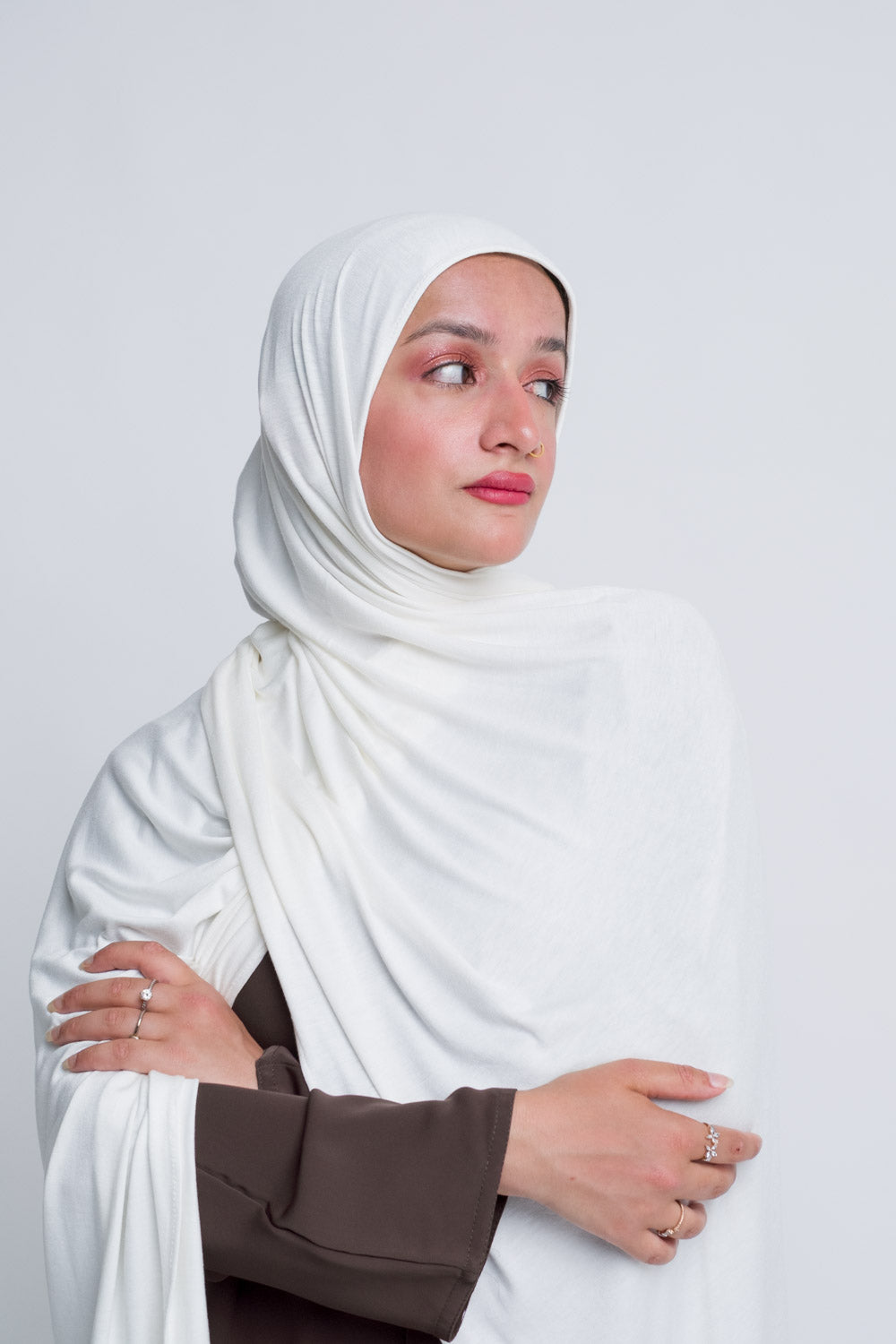 White jersey hijab with non slip fit, pin free and lightweight.