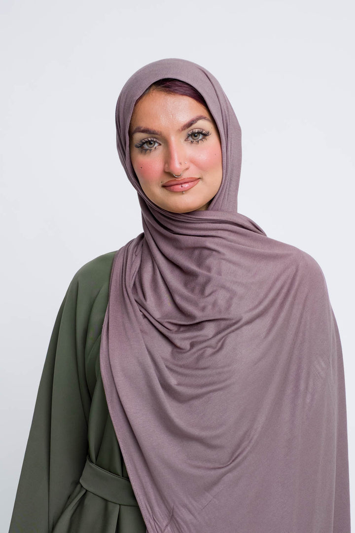 Plum jersey hijab with soft stretch for comfortable modest looks.