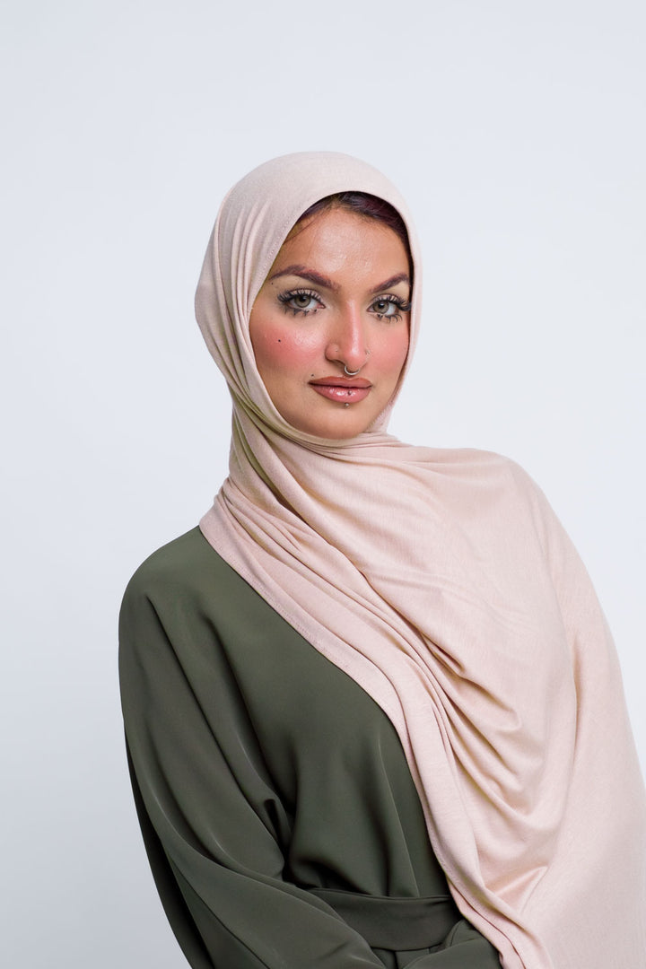 Cream beige jersey hijab with soft stretch and full coverage.
