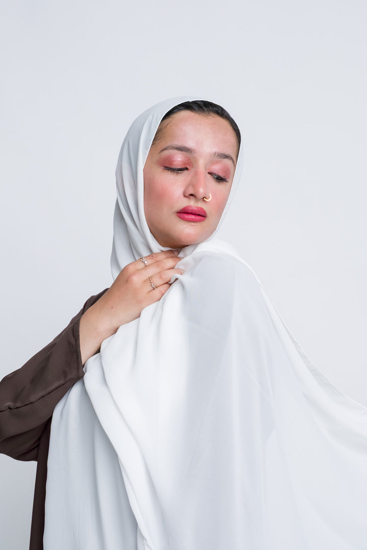 White hijab for Muslim women, lightweight and sheer.