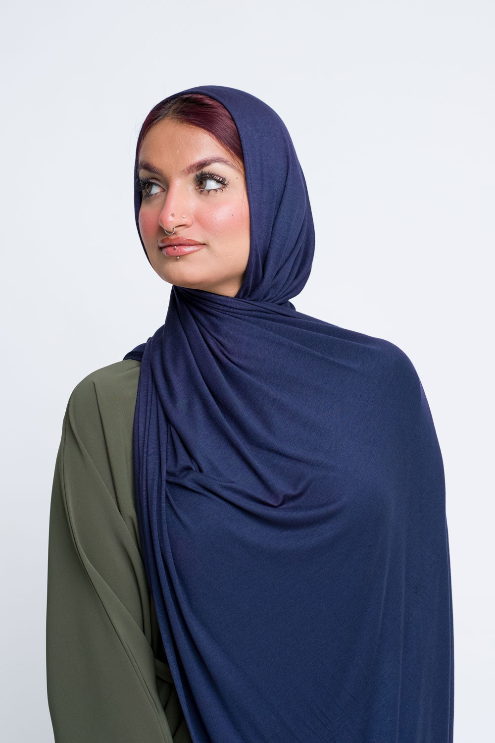 Blue jersey hijab styled for everyday comfort.