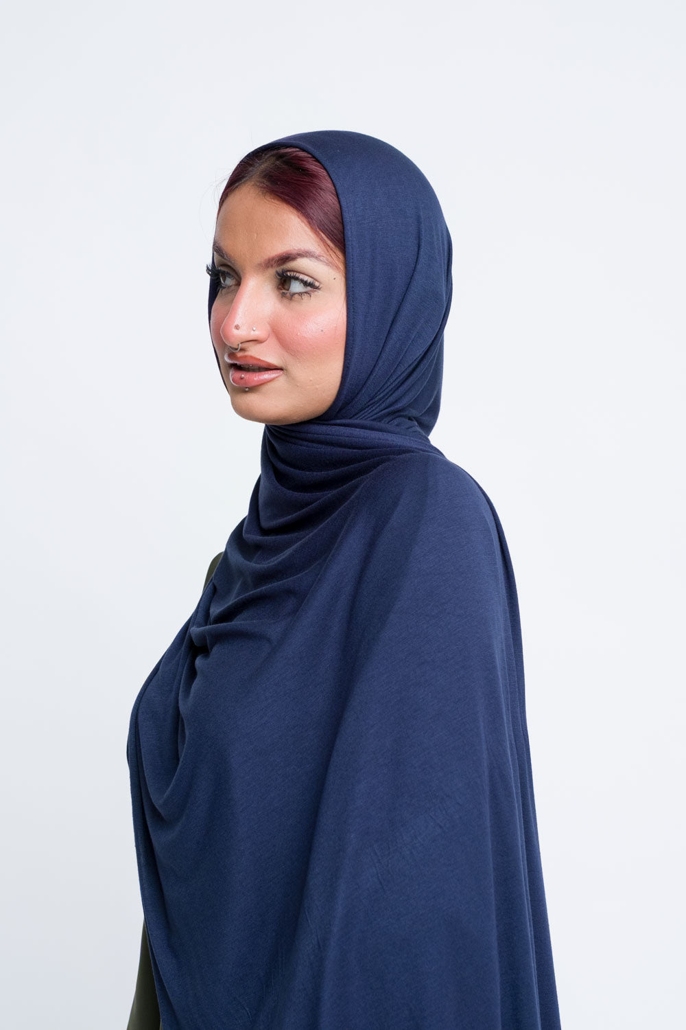 Blue hijab with soft stretch and full opaque coverage.