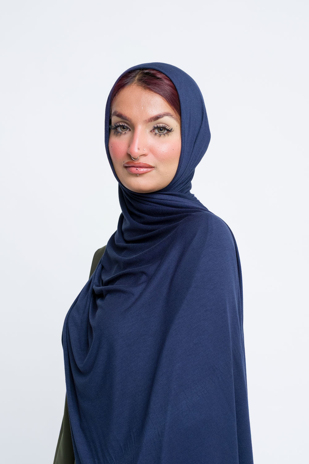 Blue jersey hijab for work or evening modest fashion.